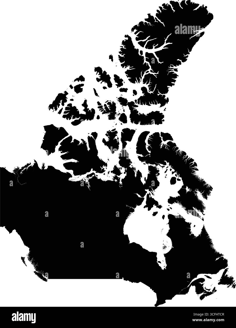 Mappa vettoriale nera modificabile del Canada, che mette in evidenza l'arcipelago artico con le sue numerose isole frastagliate e le coste. Illustrazione Vettoriale