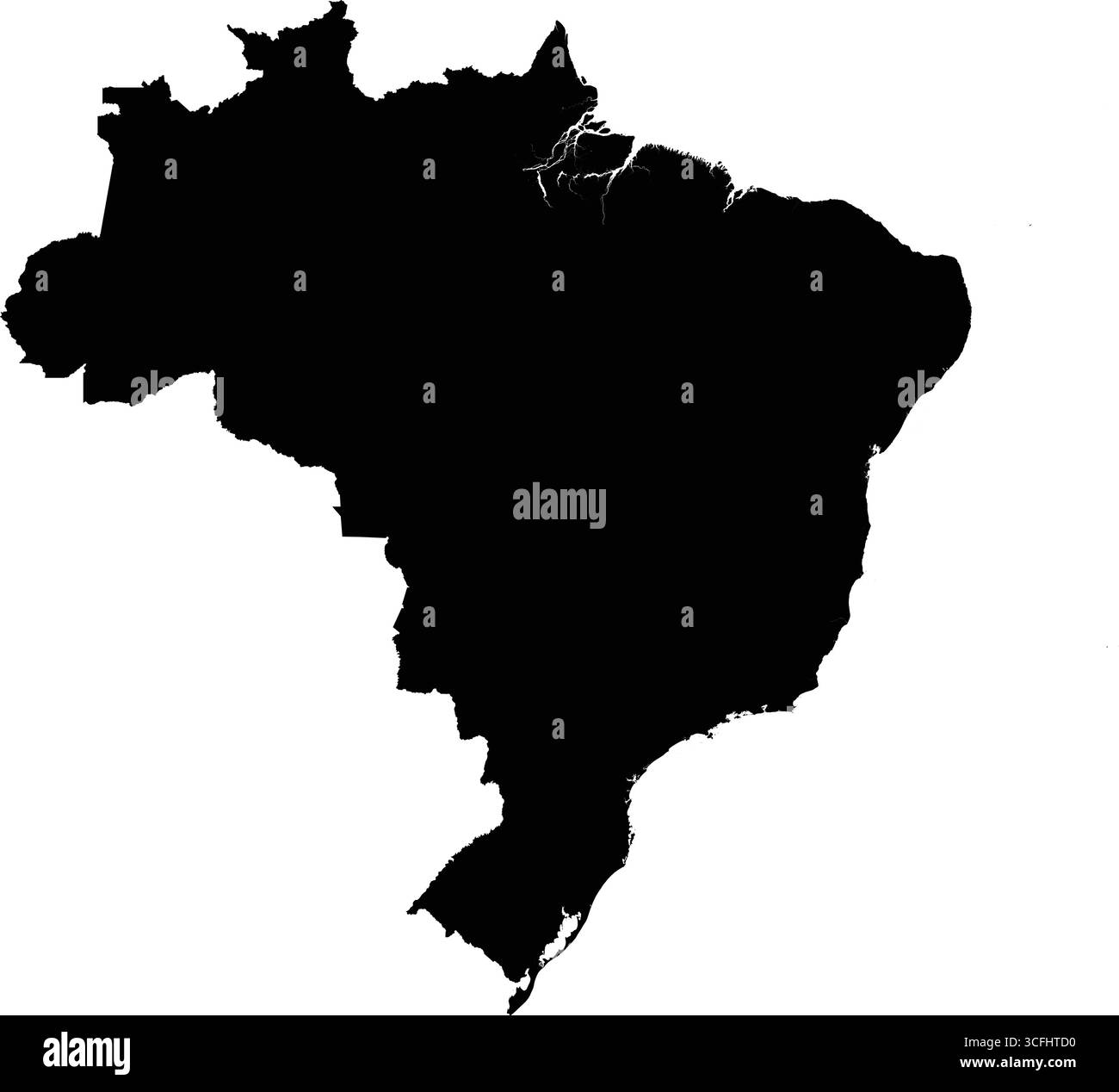 Mappa della silhouette vettoriale nera modificabile del Brasile, con i suoi bordi nazionali delineati su sfondo bianco. Illustrazione Vettoriale