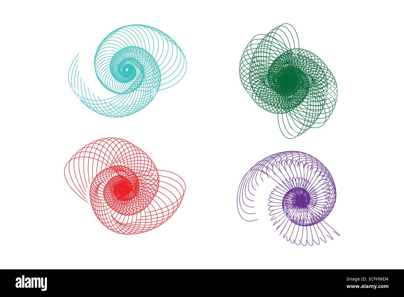 Disegno a mano con disegno circolare geometrico Abstract Spiral Design Set in Vibrant Colors. Illustrazione Vettoriale
