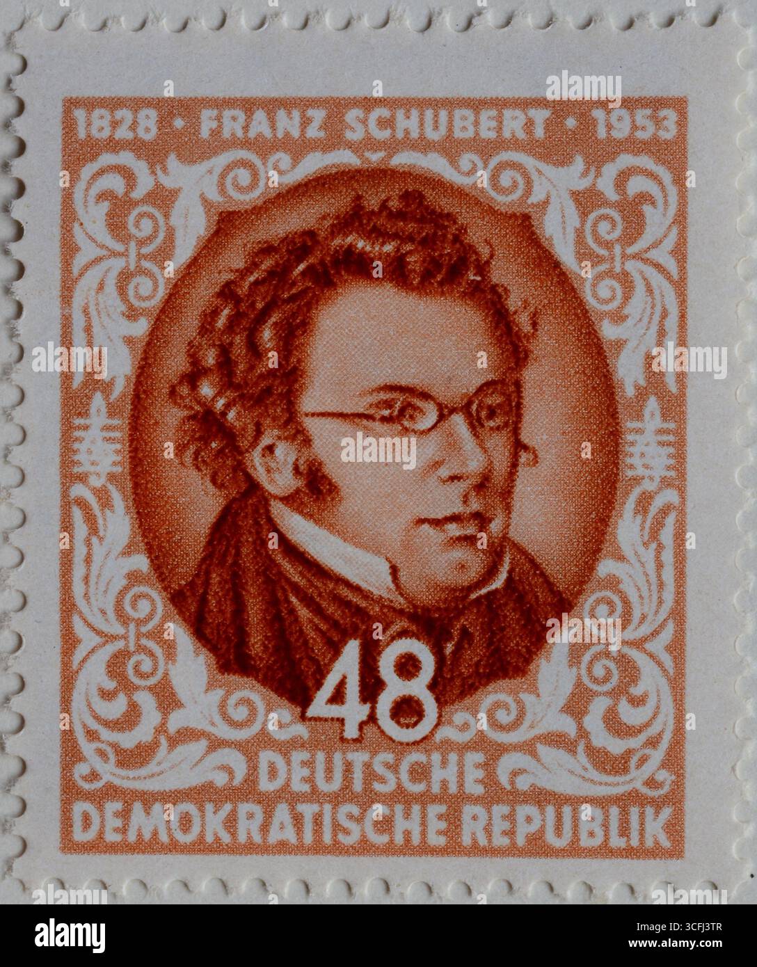 Franz Peter Schubert, 1797 â€“ 1828, compositore austriaco. Ritratto su un francobollo tedesco Foto Stock