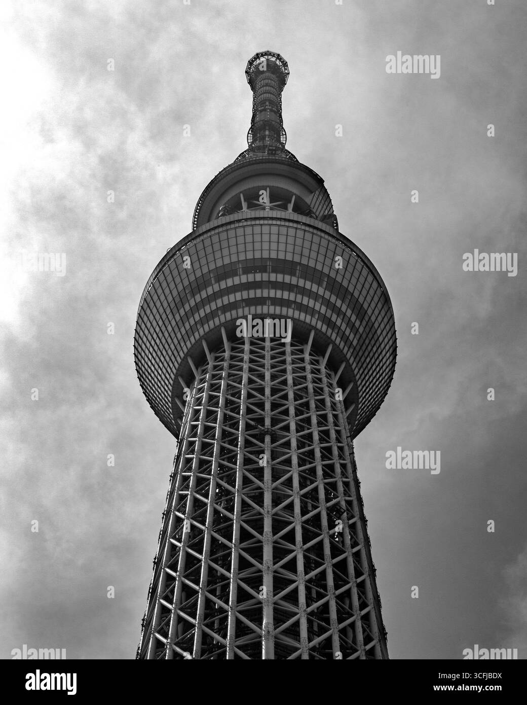 Fotografia in bianco e nero che guarda in alto alla torre di osservazione Skytree, Tokyo, 2025 Foto Stock