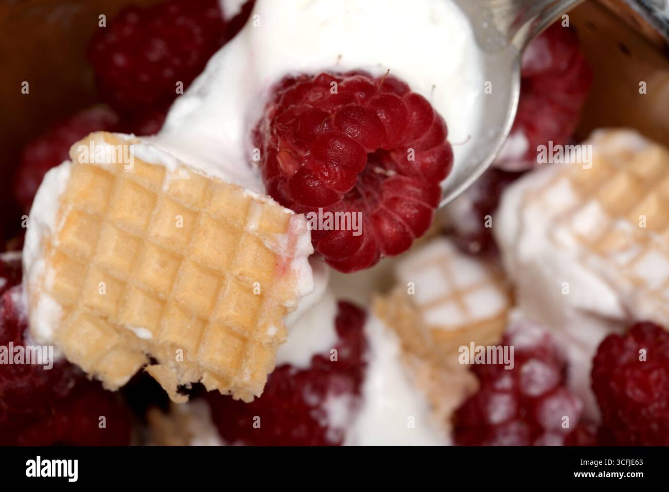 Potrai gustare un delizioso mix di lamponi, panna e waffle. Foto Stock
