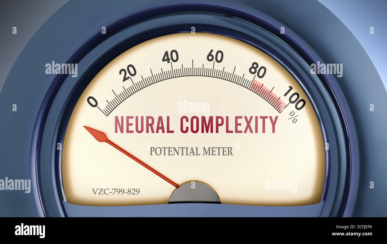 Misuratore di complessità neurale e potenziale che colpisce meno di zero, mostrando un livello estremamente basso di complessità neurale, niente di tutto questo, insufficiente. Minimo Foto Stock