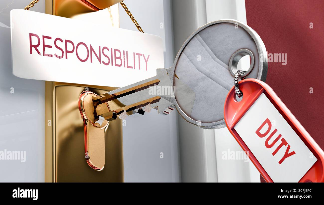 Il dovere porta alla responsabilità - è la chiave per sbloccare la responsabilità. Una metafora della chiave della porta Foto Stock