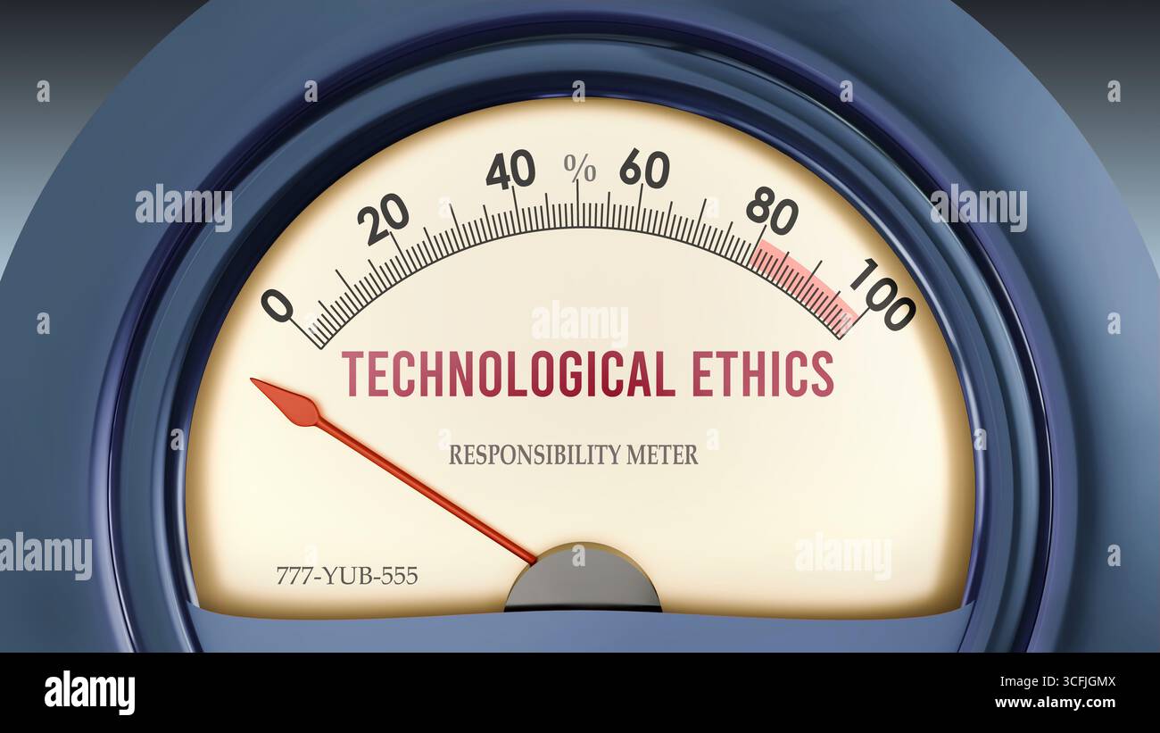 Indicatore di etica tecnologica e responsabilità che colpisce meno di zero, mostrando un livello estremamente basso di etica tecnologica, niente di tutto questo. Foto Stock