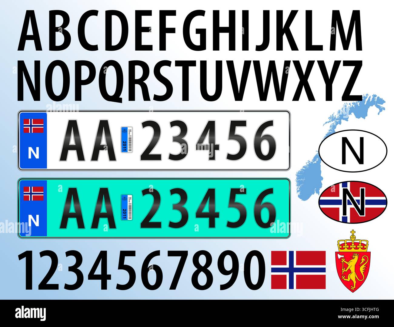 Modello della targa dell'auto in Norvegia, lettere, numeri e simboli, illustrazione vettoriale, paese europeo Illustrazione Vettoriale