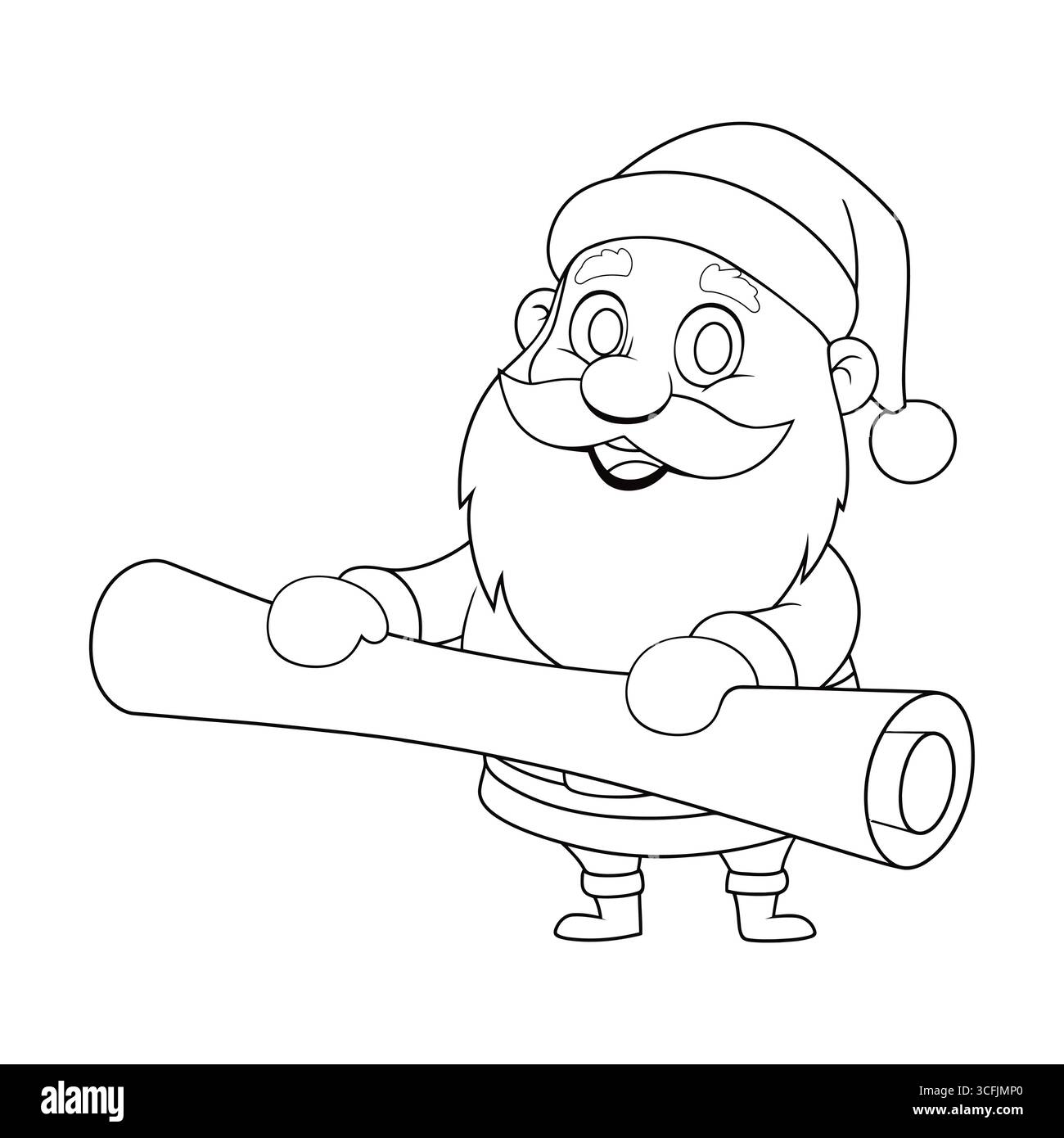 Un contorno vettoriale di un personaggio cartoni animati di Babbo Natale con barba, baffi e un volto sorridente, indossando un tradizionale cappello di Babbo Natale e un costume. Illustrazione Vettoriale