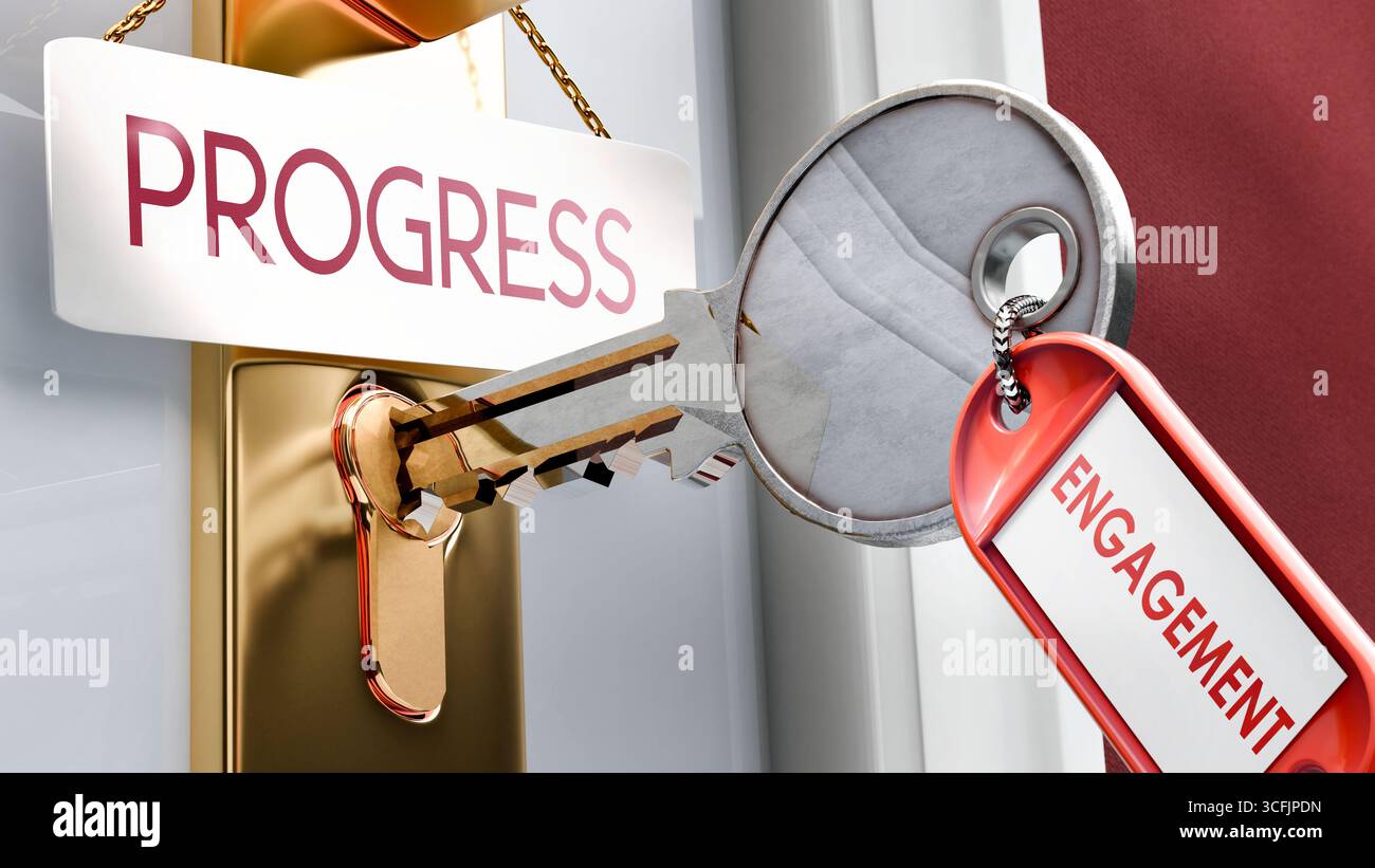 Il coinvolgimento porta al progresso: È la chiave per sbloccare il progresso. Una metafora della chiave della porta che mostra come l'innesto sia una chiave per accedere all'avanzamento. E' necessario Foto Stock