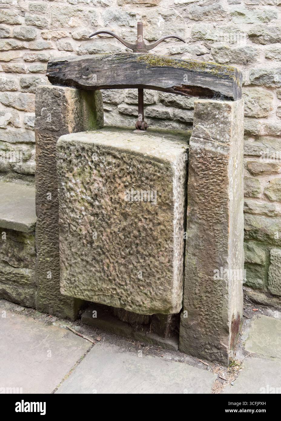 Stone Cheese Press di un tipo trovato nella zona di Tynedale nel Northumberland from Crowhall Bardon Mill, visto al Beamish Museum, Northumberland. Foto Stock