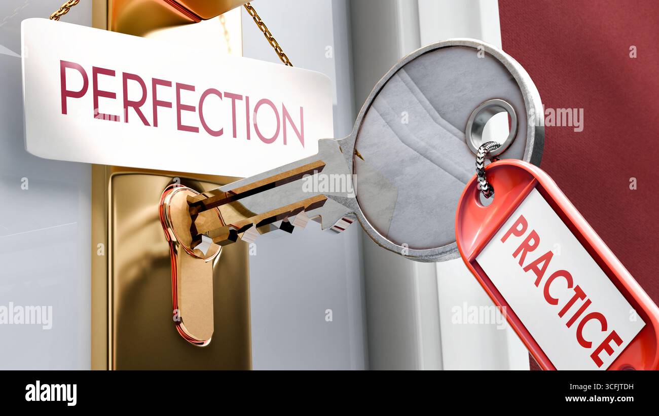 La pratica porta alla perfezione: È la chiave per sbloccare la perfezione. Una metafora della chiave della porta che mostra come la pratica sia una chiave per accedere alla perfezione. E' un bisogno Foto Stock