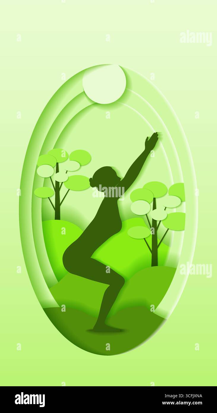 Modello verticale. Utkatasana yoga pose. Sedia con vista sullo yoga. Design tagliato carta. Illustrazione vettoriale isolata Illustrazione Vettoriale