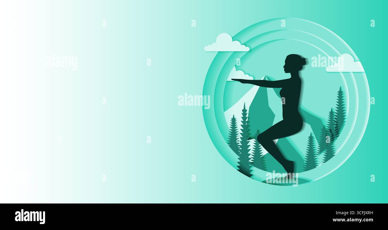 Modello orizzontale. Utkatasana yoga pose. Una posa da yoga scomoda. Design tagliato carta. Illustrazione vettoriale isolata. Illustrazione Vettoriale