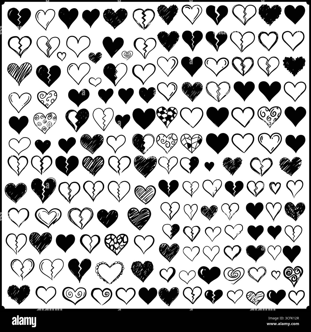 Collezione di cuori disegnati a mano in vari stili e disposizioni di doodle su una grafica vettoriale di sfondo bianco Illustrazione Vettoriale