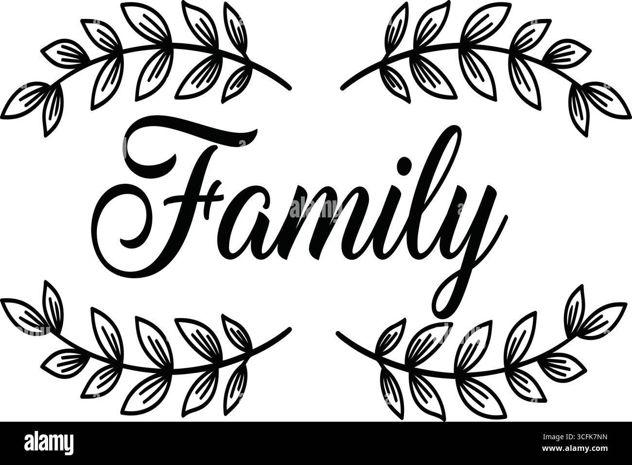 Un'illustrazione minimalista in bianco e nero con la parola "famiglia" scritta in un carattere decorativo corsivo al centro. Intorno al testo ci sono fou Illustrazione Vettoriale