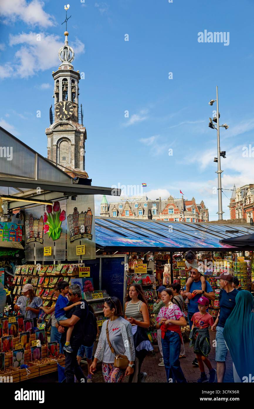 Tradizionale mercato dei fiori galleggiante di Amsterdam con esposizioni colorate nel centro storico della città, Olanda Foto Stock
