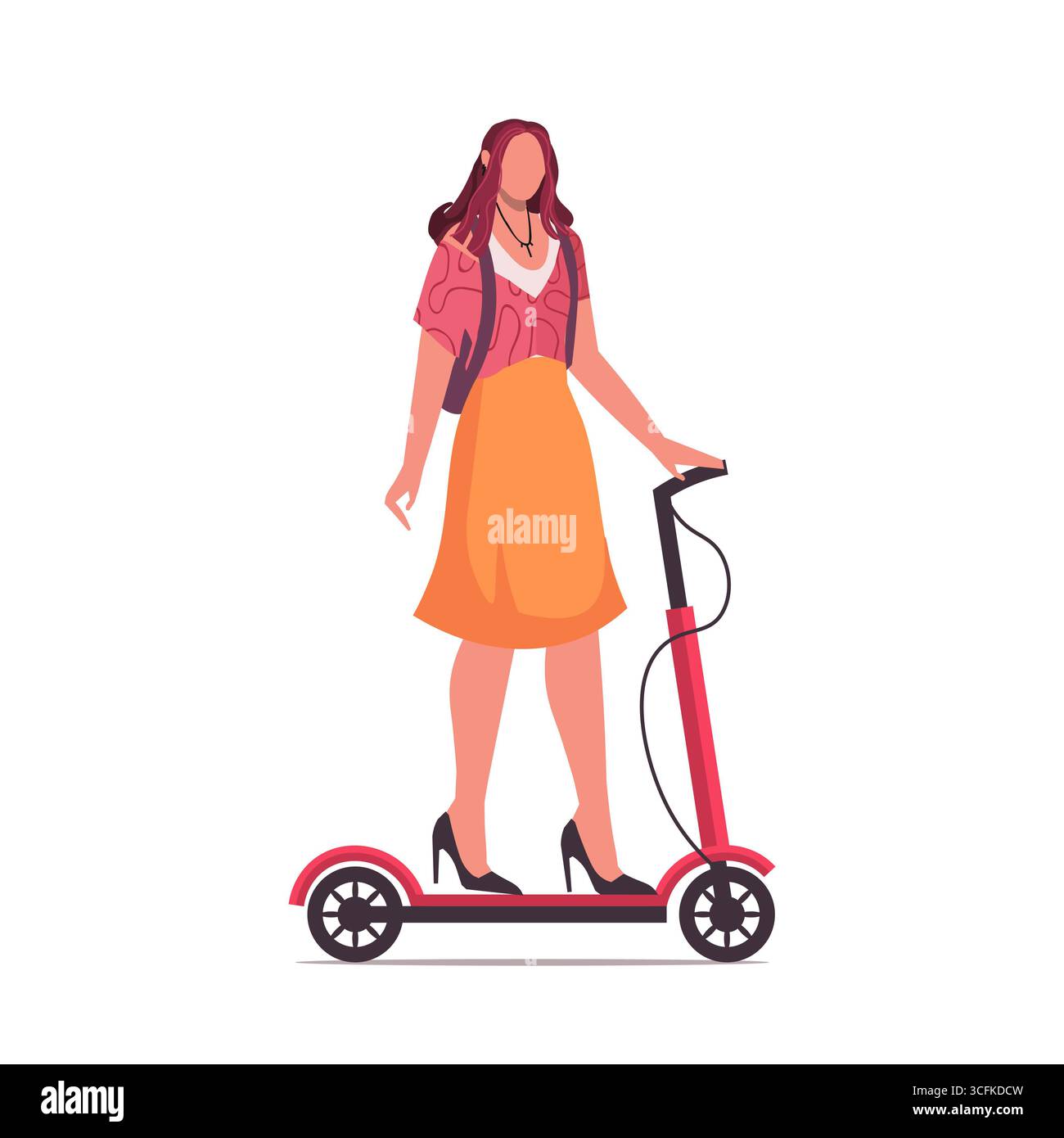 Donna che guida uno scooter elettrico isolato su sfondo bianco. Veicolo verde per la città. Vettore non generato ai Foto Stock