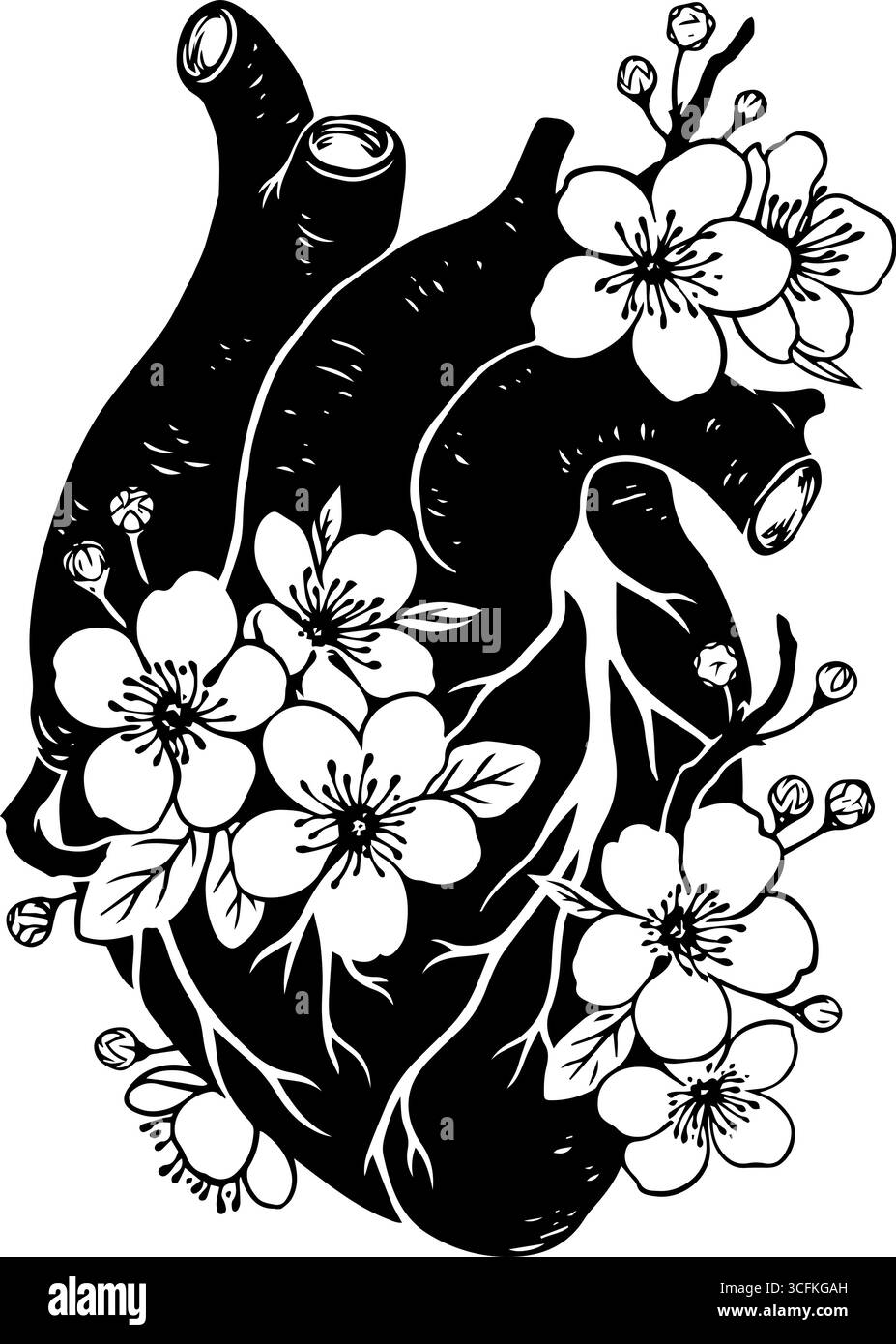 Cuore anatomico umano bianco e nero fiorito con fiori di mele Illustrazione Vettoriale