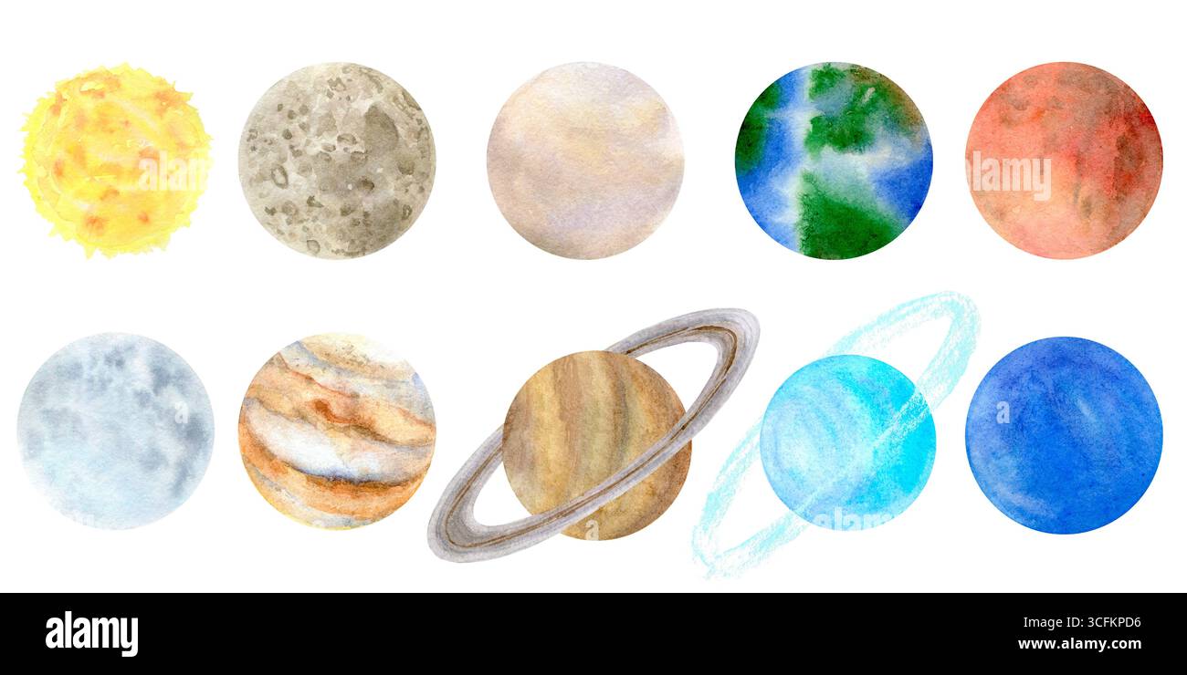 Pianeti acquerelli del sistema solare.pianeti dello spazio esterno:mercurio, Venere, Terra, Marte, Giove, Saturno, Urano, Nettuno.corpi celesti: luna del sole Foto Stock