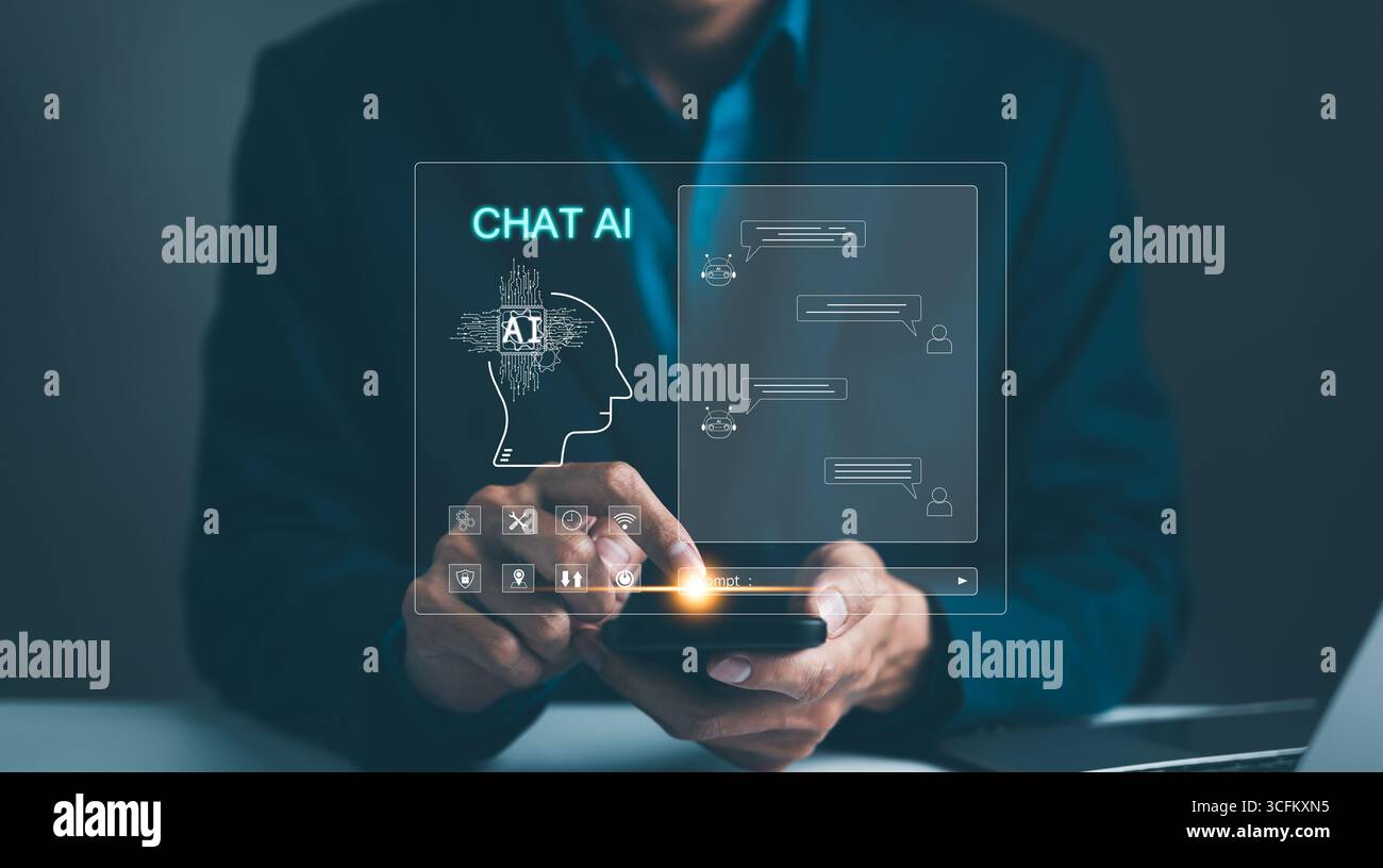 L'uomo che tocca la chat virtuale con un'intelligenza artificiale intelligente chiede le risposte che vuole. Assistente intelligente futuristico, Chatbot, Foto Stock