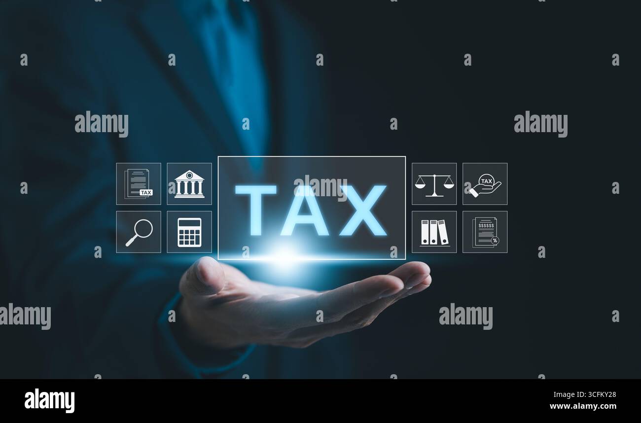 Concetto FISCALE. L'uomo d'affari mostra online il modulo di dichiarazione dei redditi per i redditi individuali per il pagamento delle imposte. governo, tasse statali. Report di analisi dei dati, finanziario Foto Stock
