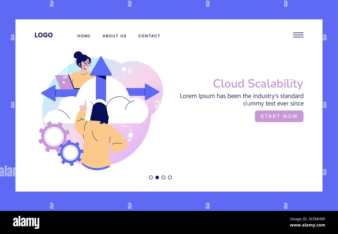 Illustrazione vettoriale che raffigura la scalabilità del cloud con due persone che interagiscono con elementi digitali. Una persona punta verso frecce che simboleggiano la crescita e l'espansione della tecnologia cloud. Illustrazione Vettoriale