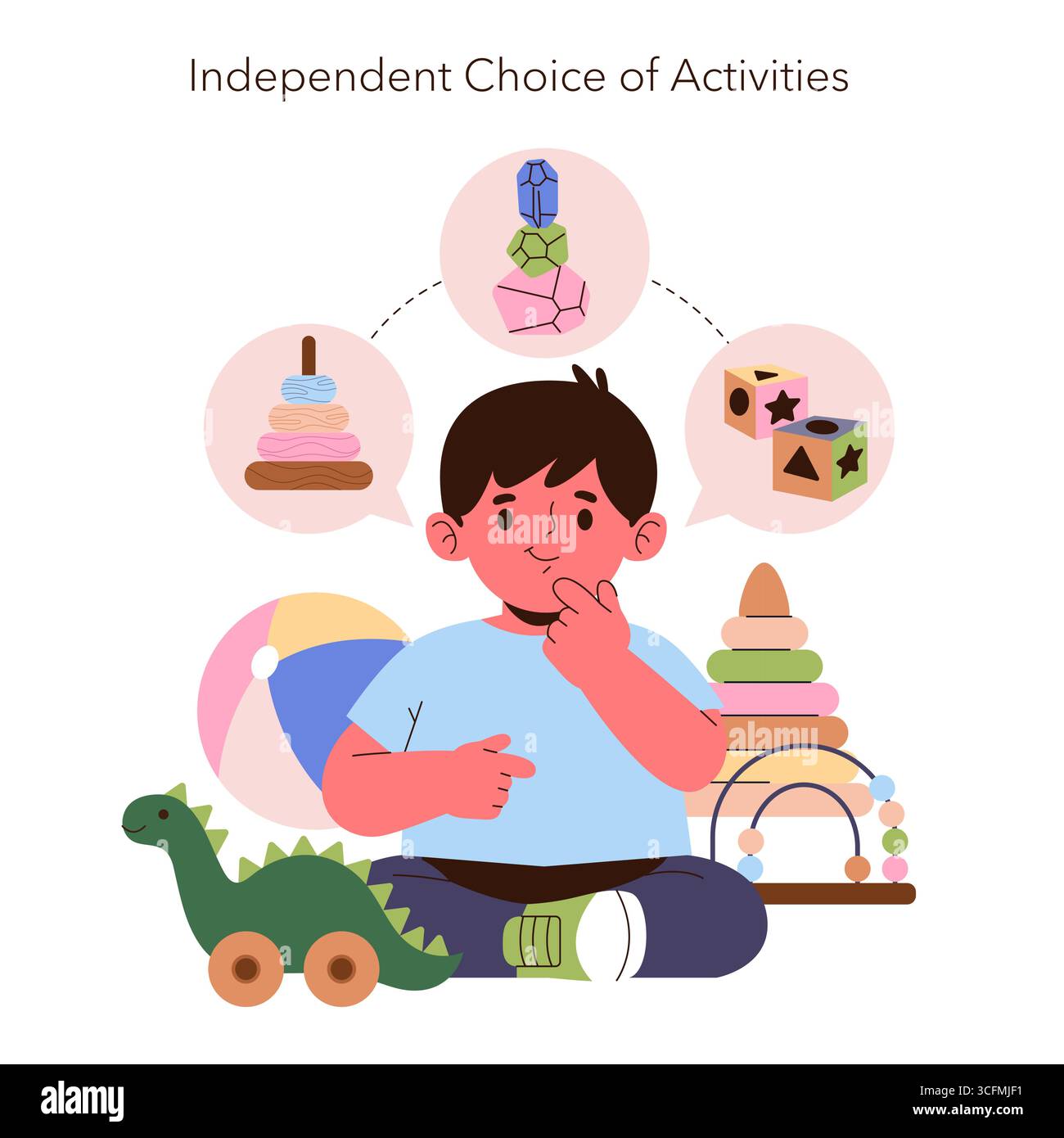 Illustrazione vettoriale di un bambino che decide ponderatamente tra i vari giocattoli. Rappresenta il processo decisionale indipendente e la creatività con opzioni colorate di giocattoli come blocchi, anelli impilabili e un dinosauro. Illustrazione Vettoriale