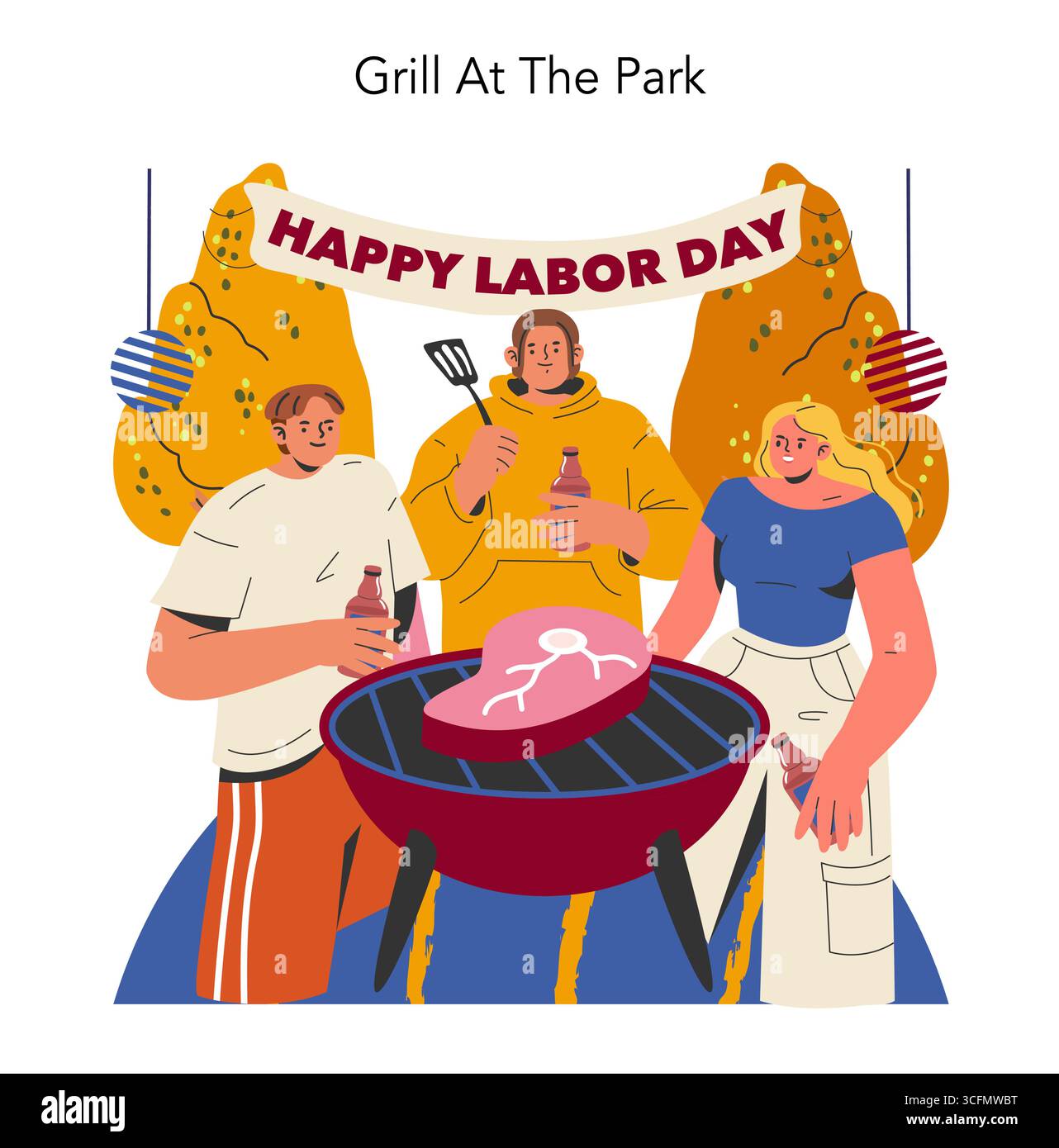 Illustrazione della festa dell'Happy Labor Day con amici che si godono un barbecue in un parco sotto decorazioni festive. Illustrazione Vettoriale