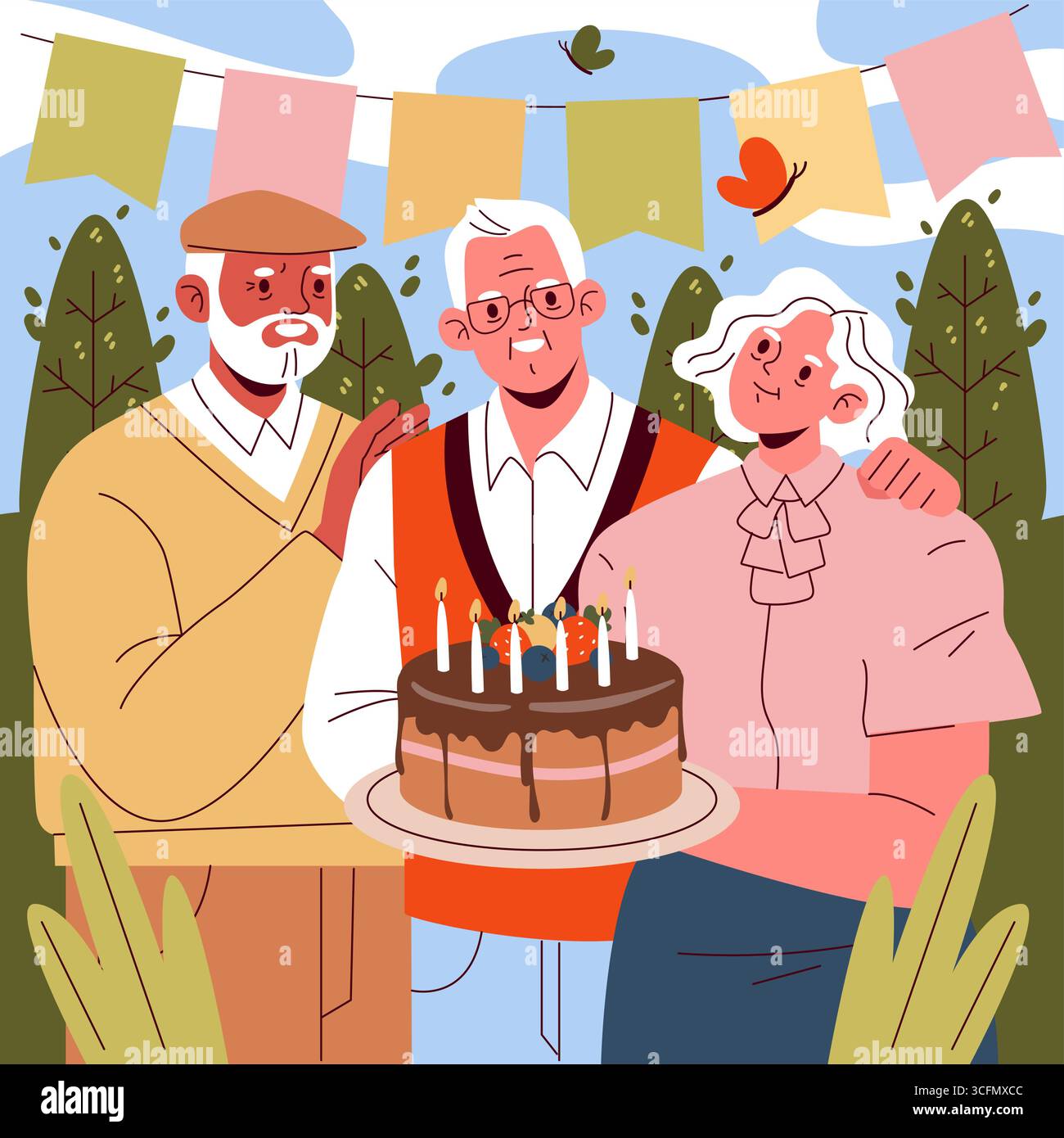 Tre amici anziani festeggiano con gioia un compleanno all'aperto, tenendo una torta ricoperta di candele. L'illustrazione vettoriale cattura la loro felicità, circondata da striscioni natalizi. Illustrazione Vettoriale