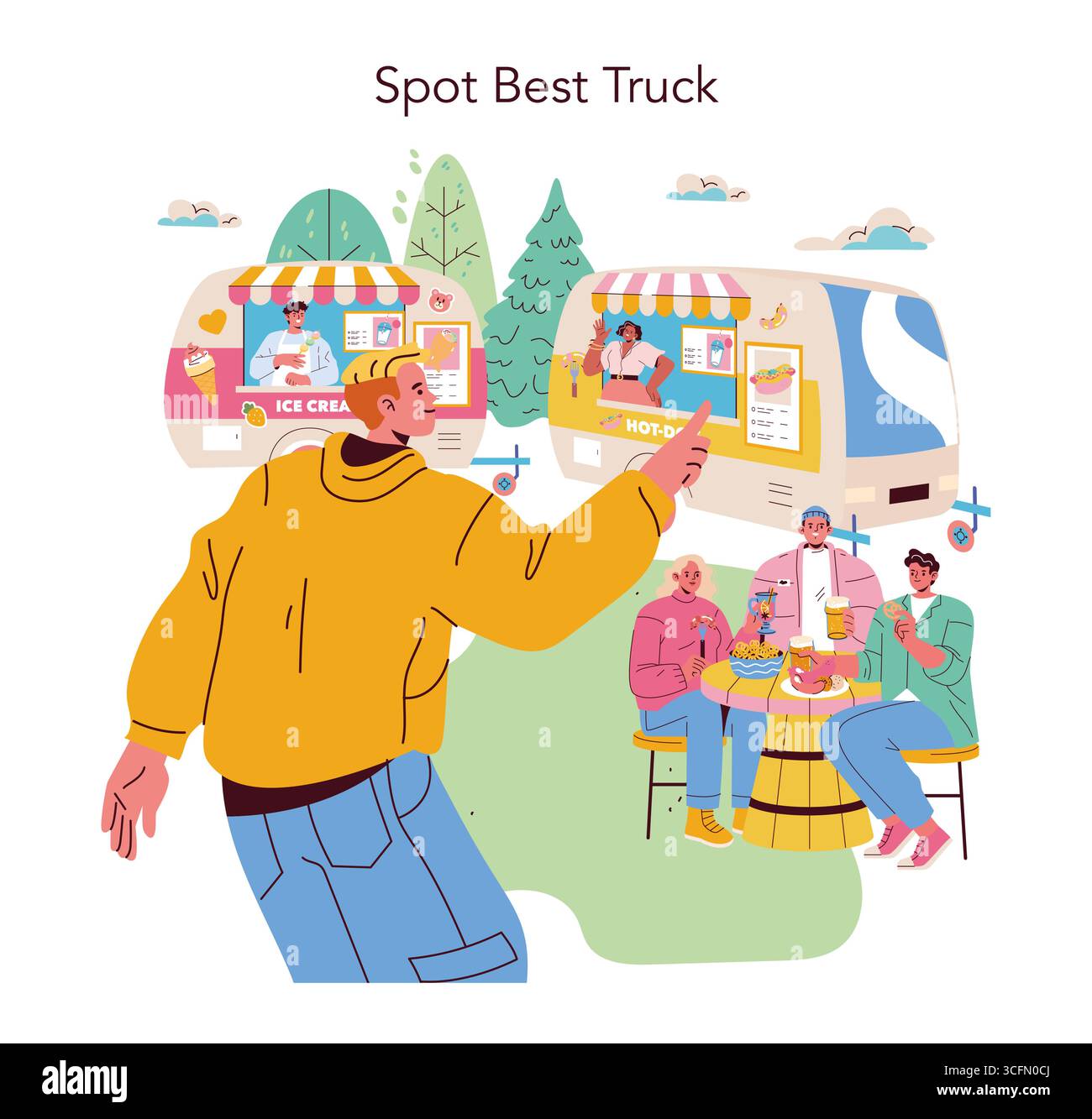 Persona in giacca gialla che indica i furgoni alimentari, scegliendo tra gelati e hot dog. Nelle vicinanze, un gruppo si diverte a mangiare, esprimendo piacere e socializzando. Illustrazione vettoriale. Illustrazione Vettoriale