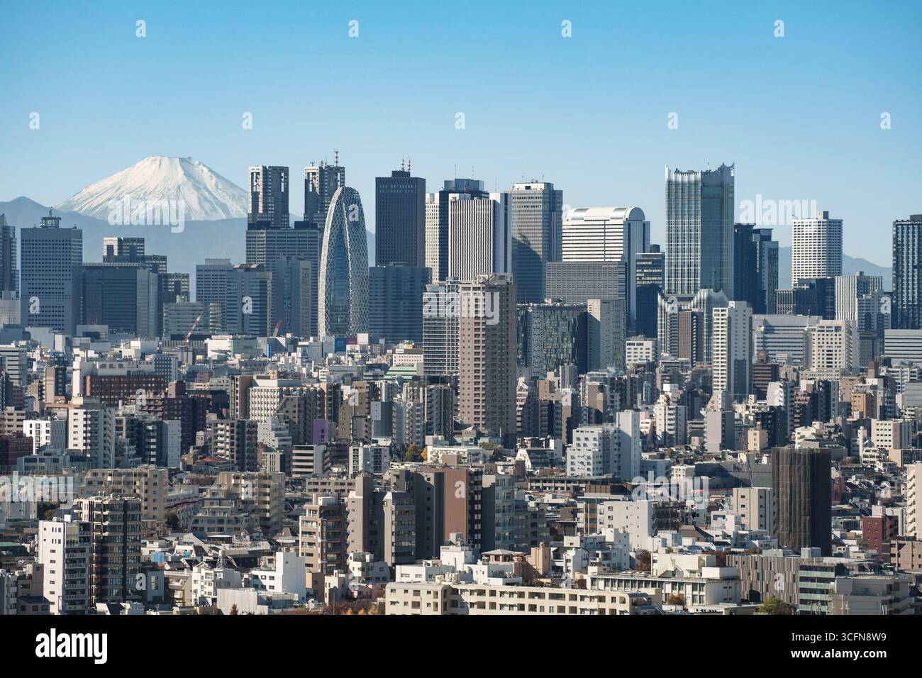 La vista dei grattacieli di Shinjuku e del centro di Tokyo con la cima innevata del Monte Fuji in lontananza. Foto Stock