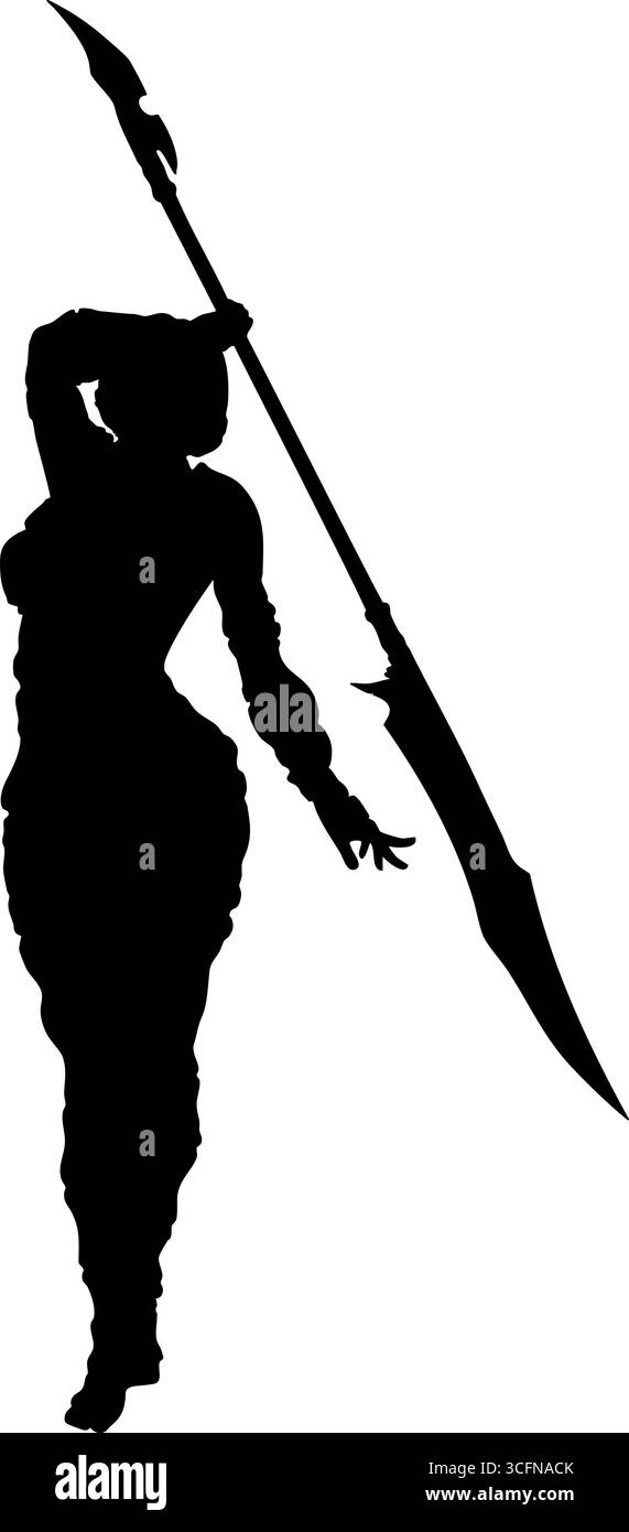 Immagine della silhouette di una guerriera che tiene in mano due armi in posa dinamica. Forte, audace e perfetto per la fantasia, la battaglia, il gioco o il combattimento Illustrazione Vettoriale