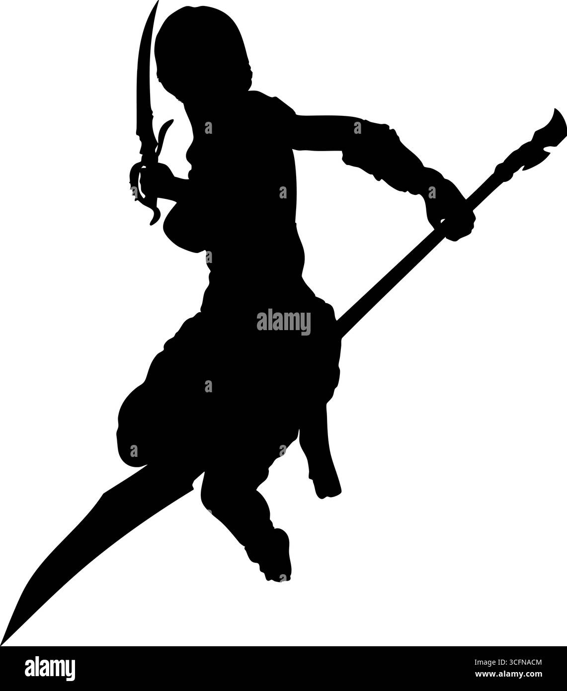 Immagine della silhouette di una guerriera che tiene in mano due armi in posa dinamica. Forte, audace e perfetto per la fantasia, la battaglia, il gioco o il combattimento Illustrazione Vettoriale