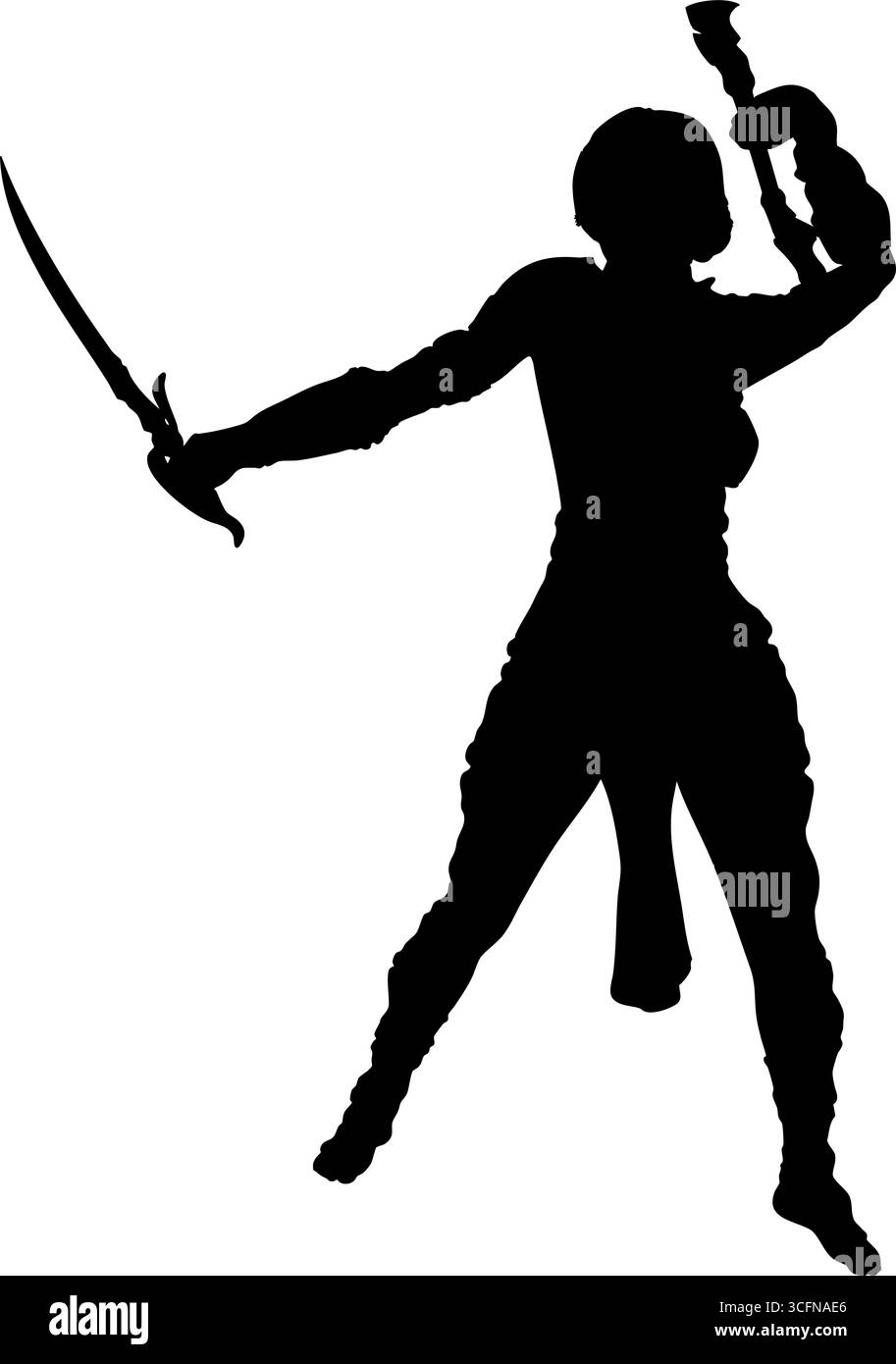 Immagine della silhouette di una guerriera che tiene in mano due armi in posa dinamica. Forte, audace e perfetto per la fantasia, la battaglia, il gioco o il combattimento Illustrazione Vettoriale