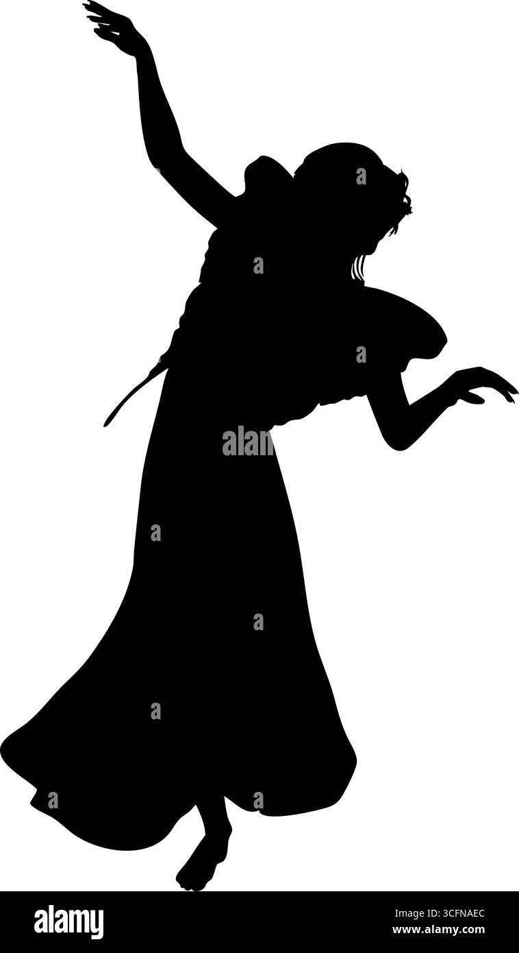 Silhouette astratta di fata eterea con ali a farfalla in abito lungo fluttuante, arte fantasy mistica, eleganza scura, figura affascinante. fai magico Illustrazione Vettoriale