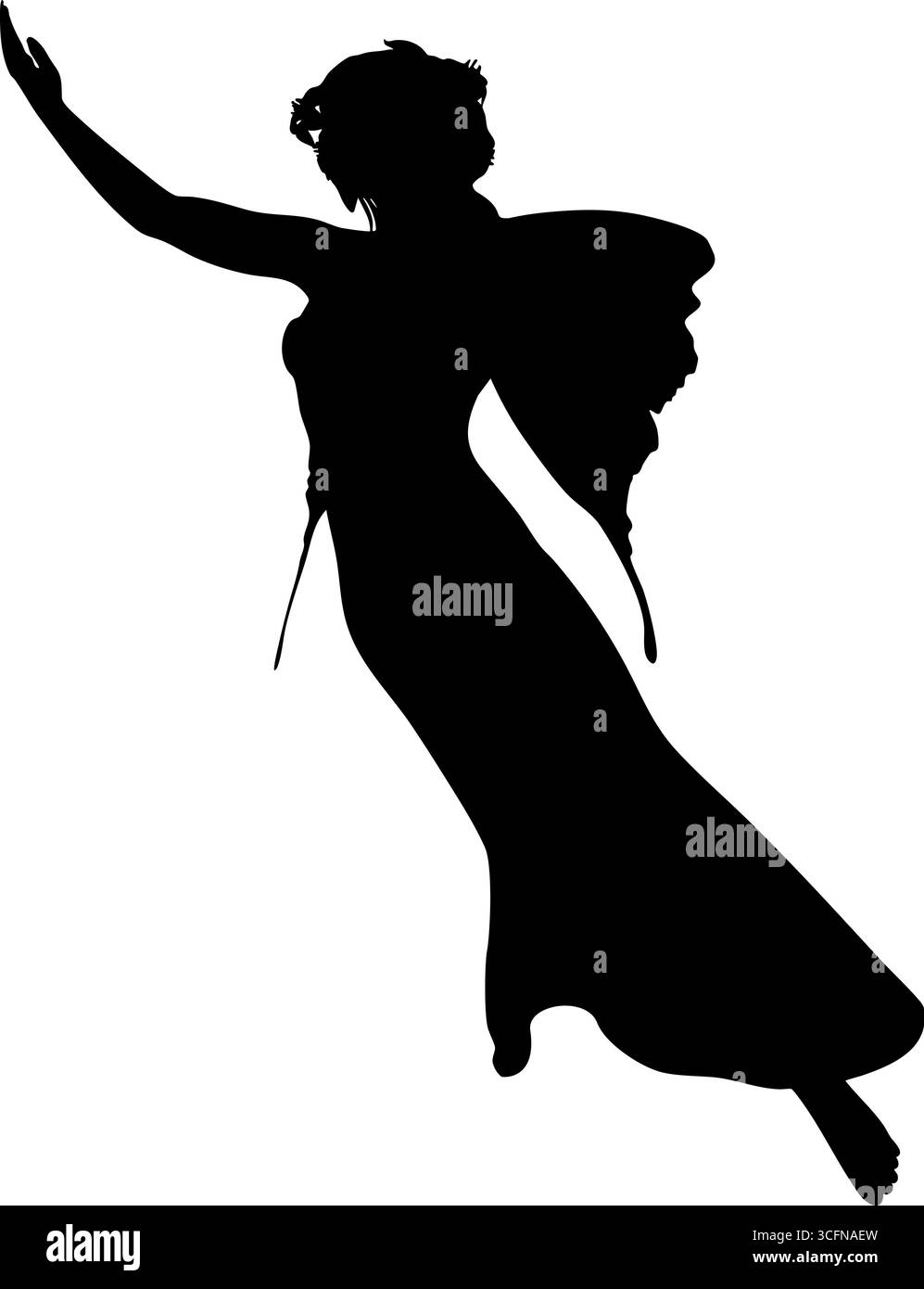 Silhouette astratta di fata eterea con ali a farfalla in abito lungo fluttuante, arte fantasy mistica, eleganza scura, figura affascinante. fai magico Illustrazione Vettoriale