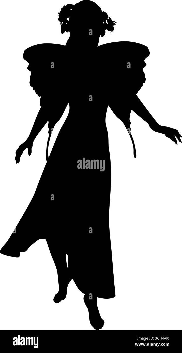 Silhouette astratta di fata eterea con ali a farfalla in abito lungo fluttuante, arte fantasy mistica, eleganza scura, figura affascinante. fai magico Illustrazione Vettoriale