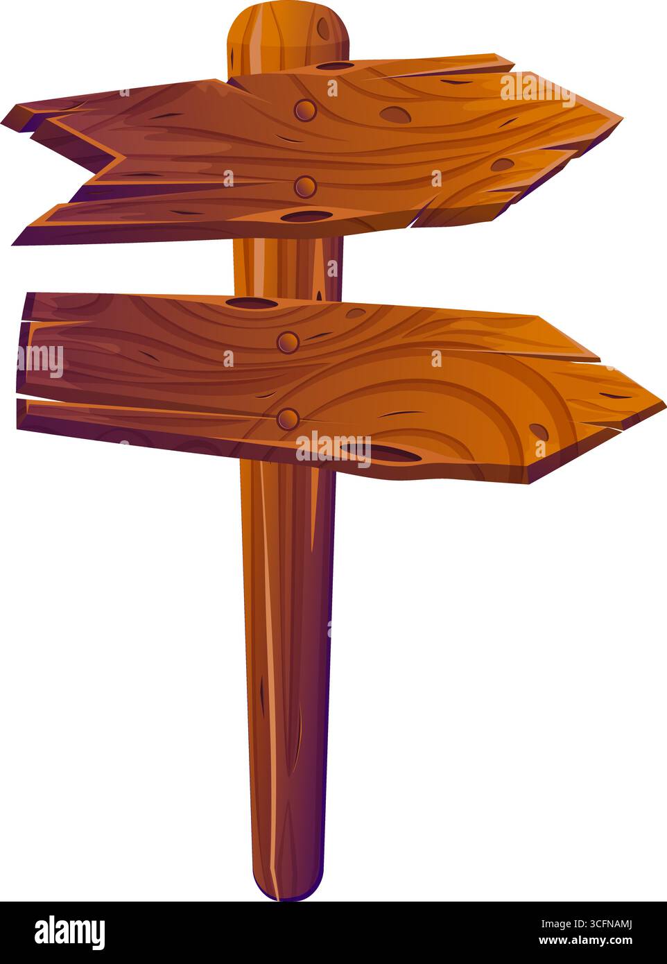 Illustrazione di un cartello in legno in stile cartone animato con una tavola a freccia testurizzata montata su un palo in legno verticale. Ideale per giochi, mappe, o Illustrazione Vettoriale