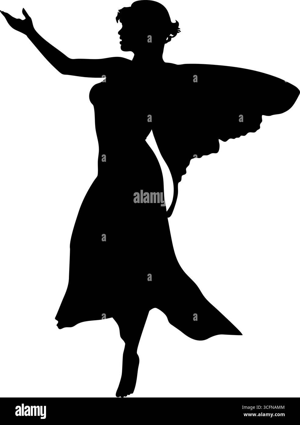 Silhouette astratta di fata eterea con ali a farfalla in abito lungo fluttuante, arte fantasy mistica, eleganza scura, figura affascinante. fai magico Illustrazione Vettoriale