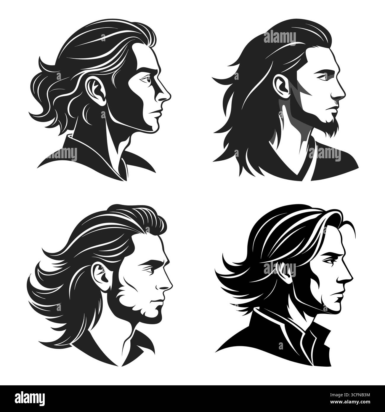 Collezione di Mans profilo silhouette con taglio di capelli lungo Vector Illustrazione Vettoriale