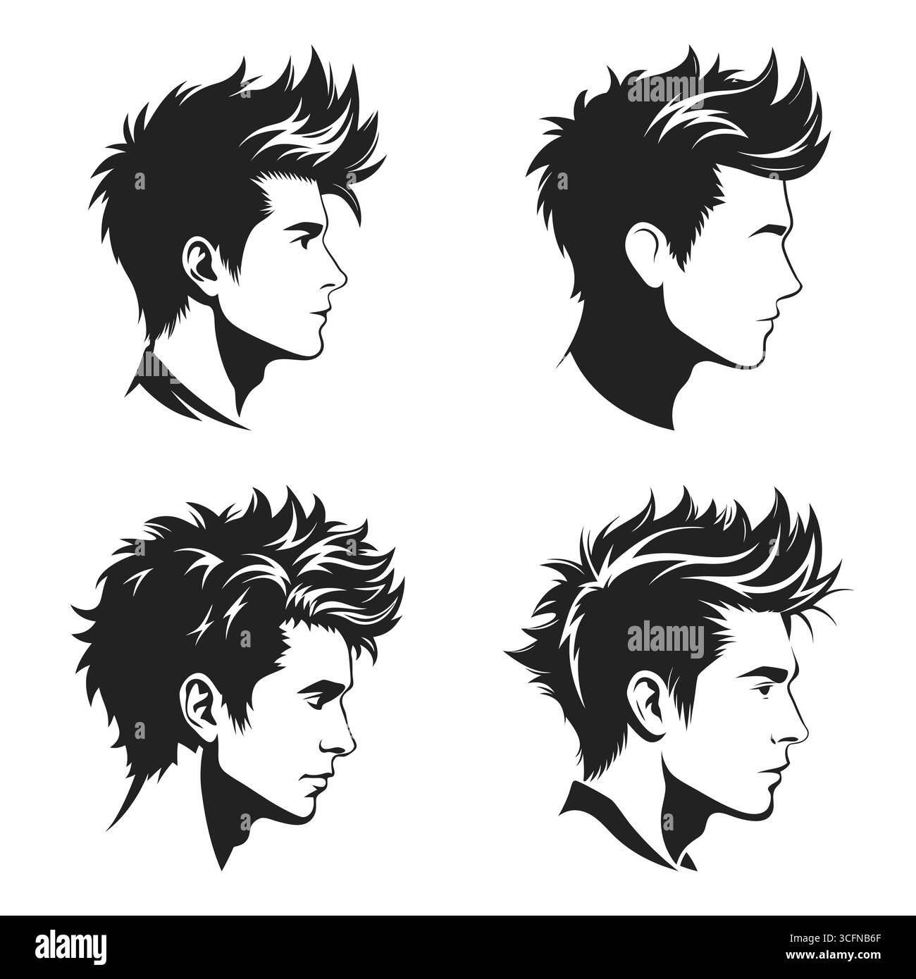 Collezione di Mans silhouette profilo con taglio di capelli disordinato Vector Illustrazione Vettoriale