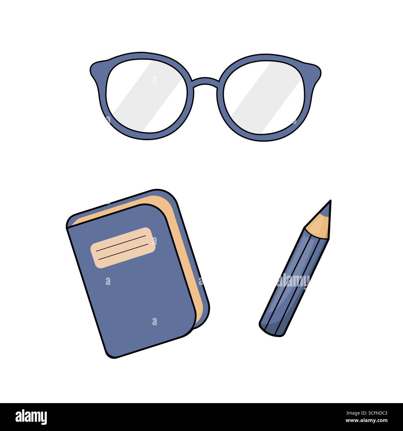 Graziosi occhiali da cartoni animati, libro e matita - set di illustrazioni vettoriali scolastiche. Adorabile illustrazione vettoriale in stile cartoni animati con occhiali rotondi. Illustrazione Vettoriale