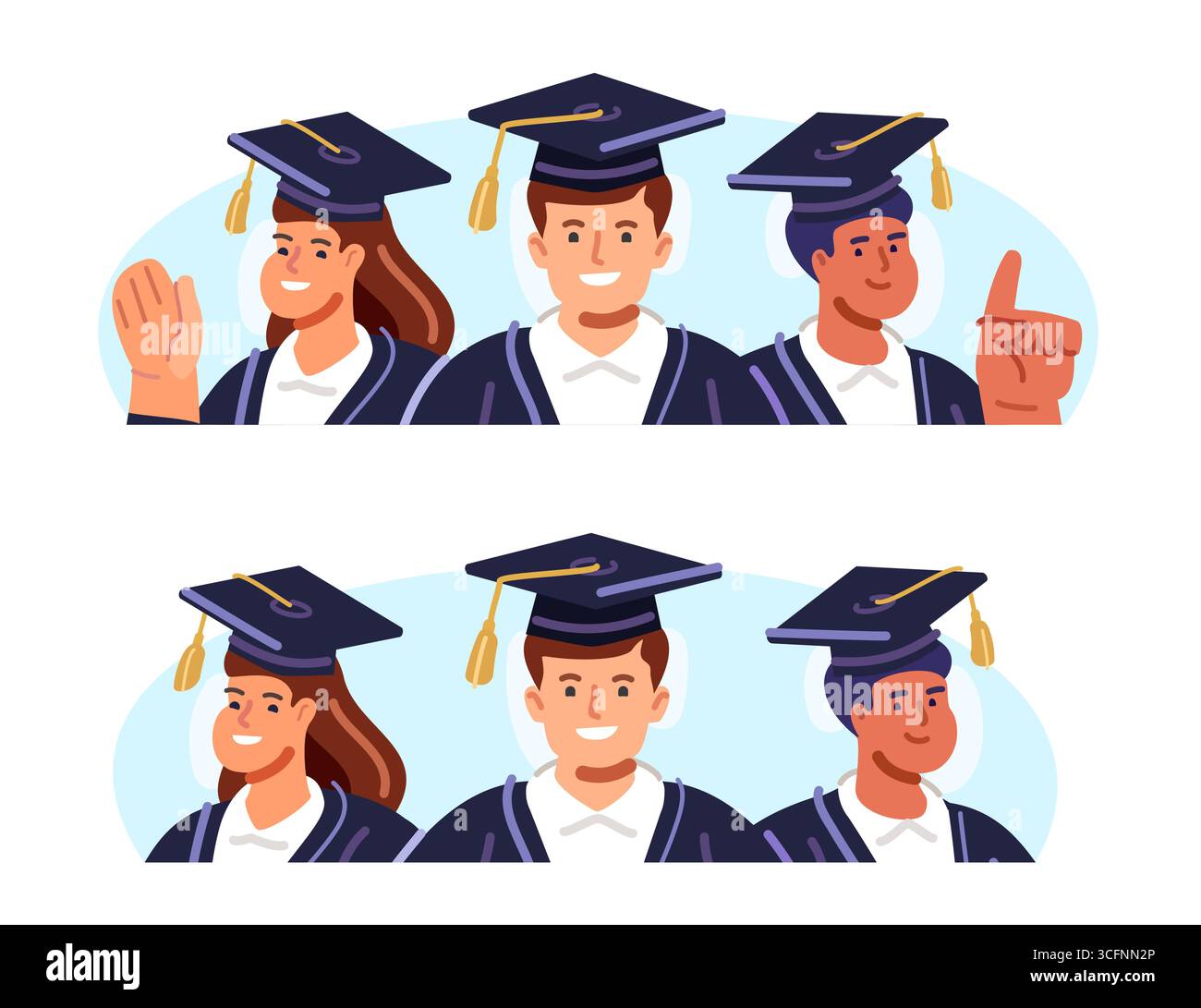 Laureati felici, studenti in piedi insieme in berretti e abiti tradizionali. Istruzione, risultati accademici, scuola superiore Illustrazione Vettoriale