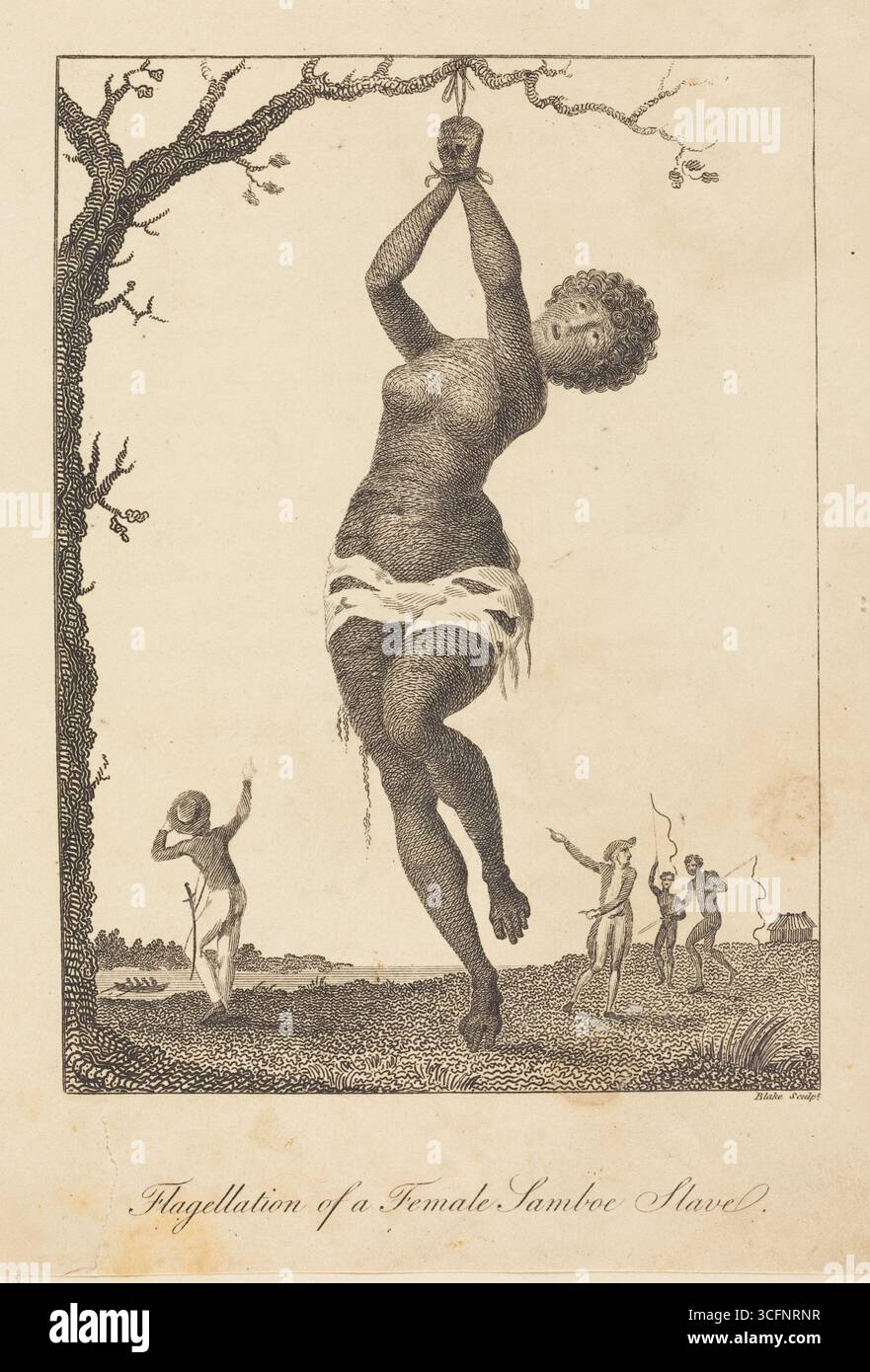 Flagellazione di una schiava femmina appesa da un albero Foto Stock