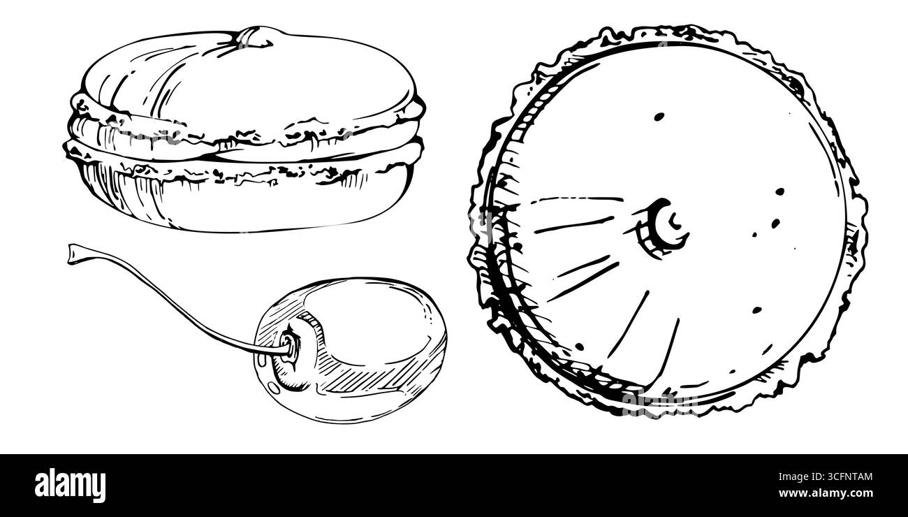Biscotti al macaron con mousse, pasticceria al marzapane e ciliegie mature con inchiostro vettoriale. Illustrazione isolata disegnata a mano. Confezione di cibo, menu caffetteria Illustrazione Vettoriale