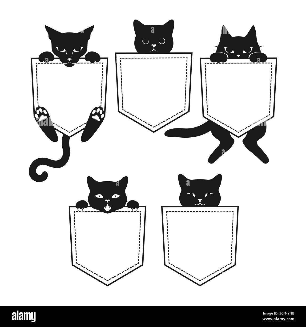 Set di gatti neri che sbirciano fuori dalle tasche. Carini e spaventosi gatti nascosti. Gattini tascabili. Illustrazione vettoriale Illustrazione Vettoriale