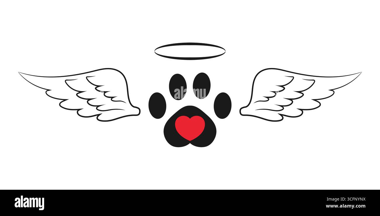 Accarezza la zampa con cuore, ali e alone. Simbolo della memoria e dell'amore. Angel PET. Illustrazione vettoriale Illustrazione Vettoriale