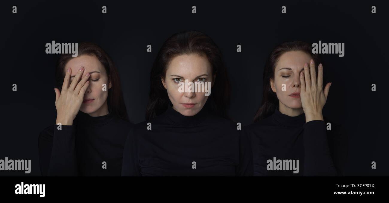 Una donna ritrae tre diversi stati emotivi: Contemplazione, stress e dolore, su uno sfondo scuro. per temi di salute mentale, ansia, h Foto Stock