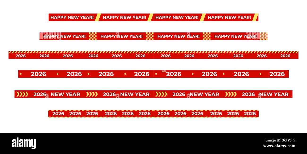 Happy New Year 2026 Set di nastri in rosso festivo, New Year Borders, Decorative Stripes e Chevron. Perfetto per pacchetti natalizi, confezioni regalo, digitale Illustrazione Vettoriale