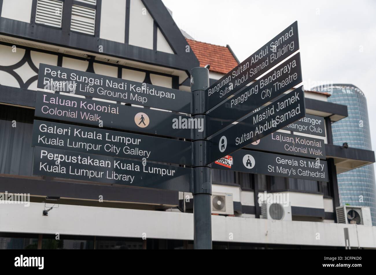 Un cartello stradale che indica alcuni punti di interesse locale per i visitatori di Kuala Lumper in Malesia. Foto Stock