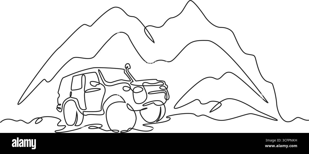 Una linea continua che disegna SUV in natura. Alte montagne. Viaggio in auto. Illustrazione minima isolata su una linea continua. Tratto modificabile Illustrazione Vettoriale